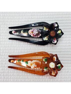 2 Vintage Hair Barrettes Bows Clips Accessories 80s 90s Floral Hand Painted Boho